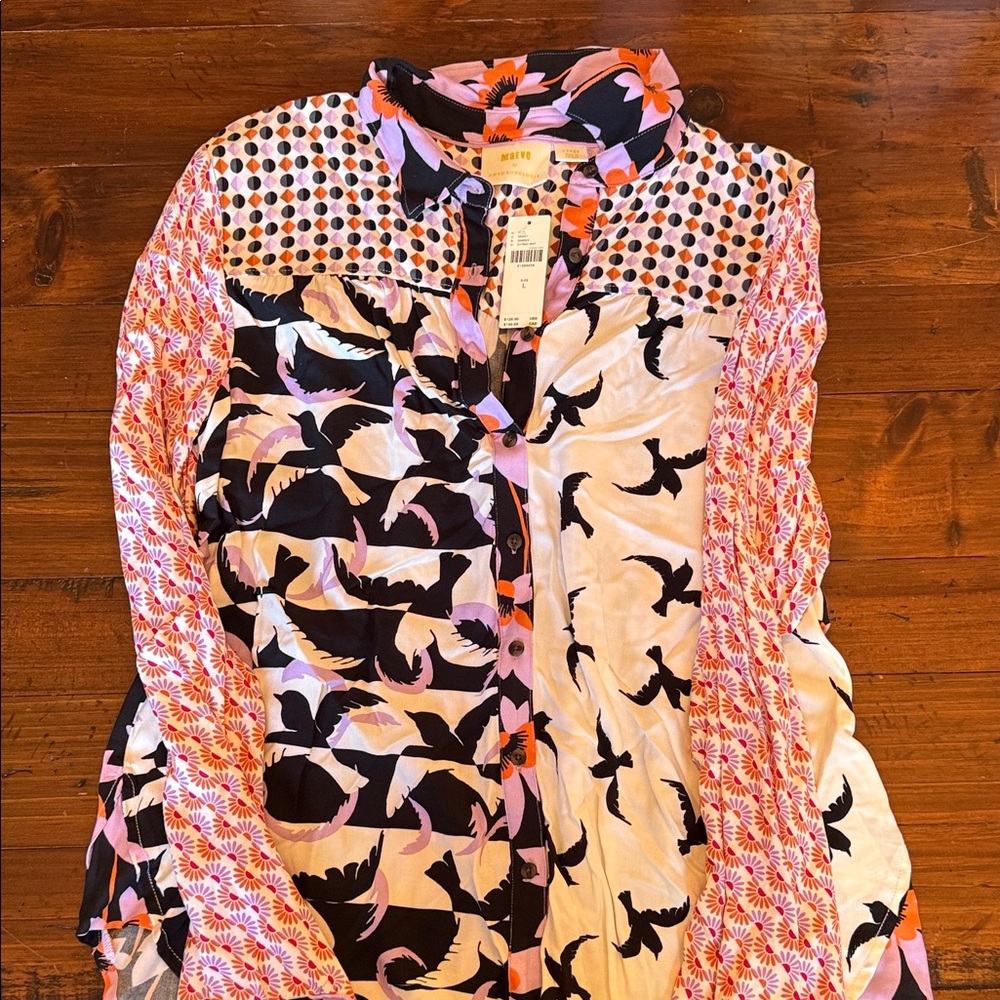 Anthropologie Black and White Bird Print Blouse